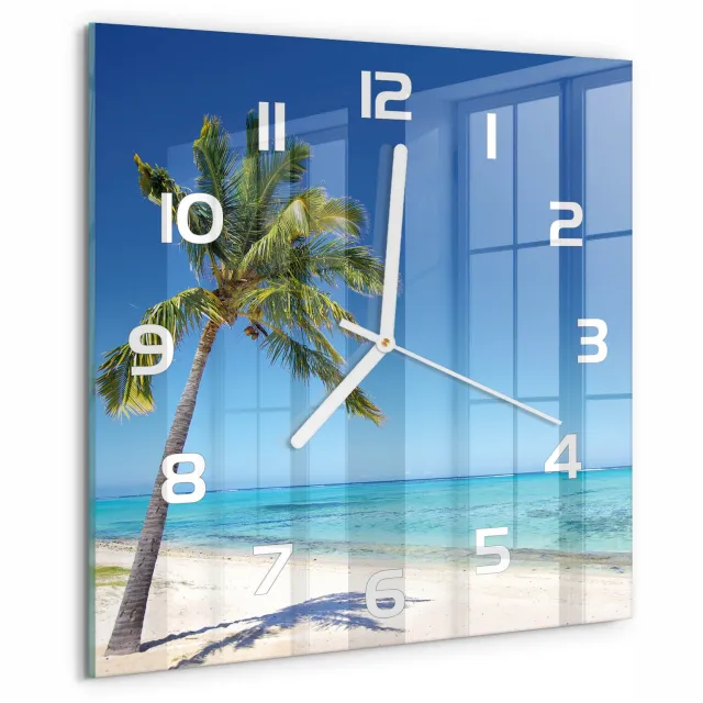 TULUP Wandklok - Tropisch strand Moderne Wandklok Glas - 30x30 cm - Blauw Wandklok Glas Decoratie - Witte handen - Vierkante Klok - Glazen Wandklok Design - Klok Glas Met Opdruk