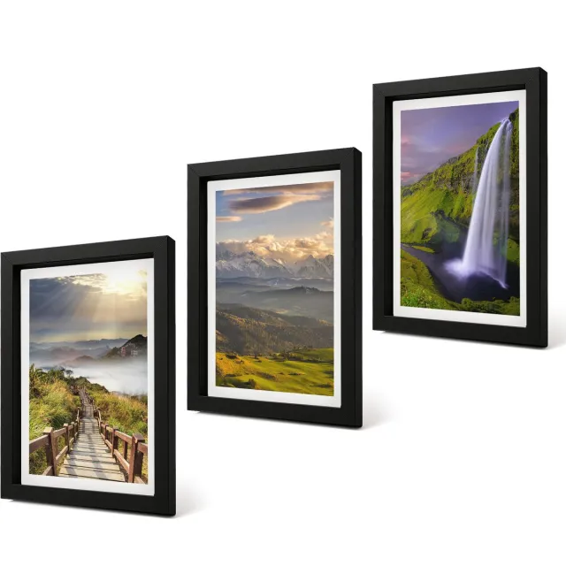 Coloray 4-Delige Schilderij Set - Schilderachtige berglandschappen met een waterval en een pad. - 20 x 30 cm - Wanddecoratie - Woonkamer Decoratie - Muurdecoratie Zwarte lijst