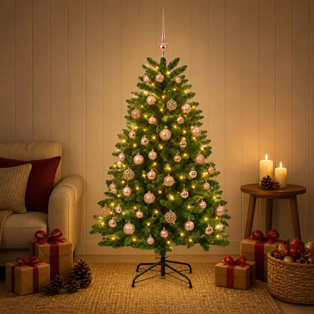 vidaXL Kunstkerstboom middengroen met kerstbal 150 cm 150 LED's
