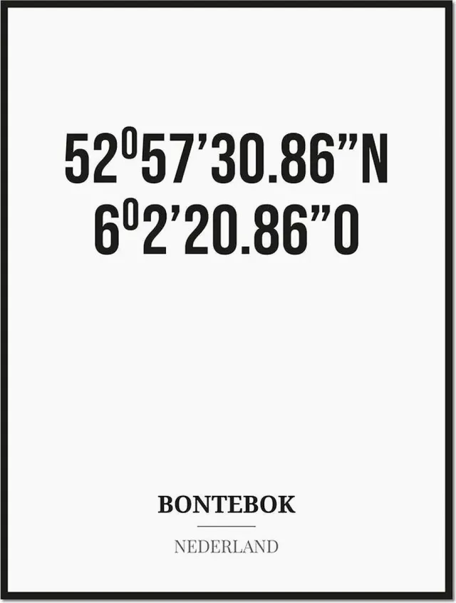 Studio216 Poster/kaart BONTEBOK met coördinaten zwart, wit