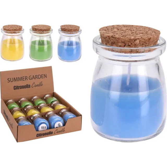 L28 Citronella kaars in glazen pot met kurk deksel Geel blauw/geel/groen