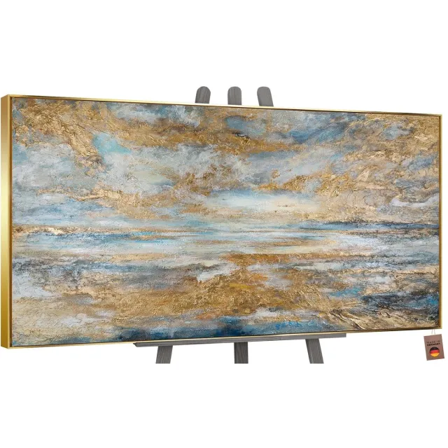 Canvas schilderij groot handgeschilderd gouden baai maritiem warm – YS-Art Gallery – Sfeervol wanddecoratie voor woonkamer – Modern schilderij voor slaapkamer en hal