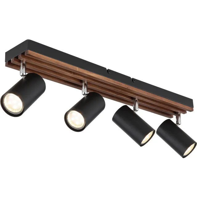 Globo Plafondlamp hout spot zwart zwenkbaar, metaal, 4x GU10 fitting, L 56 cm
