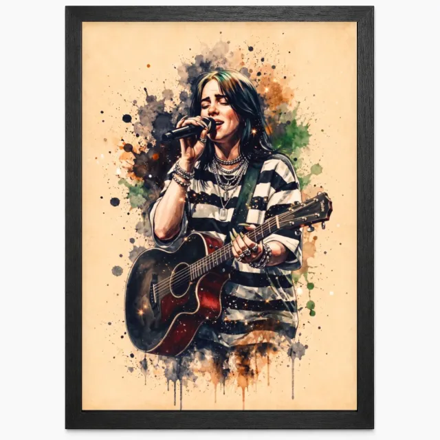 Joshimo Billie Eilish Poster Watercolor Art | Aquarel Muziekposter | Inclusief Zwarte A3 Lijst