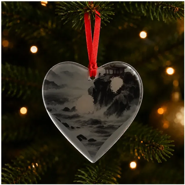 Mr Cadeautjes Glazen hart small - design Nachtelijk kustpanorama met rotsen, maan, golven en een klei | cadeau Wit