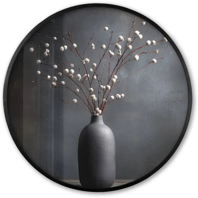 FrameYourWall Poster in lijst Rond - Fotolijst 80x80 cm - Posters - Takken - Vaas - Bolletjes - Wit - Ronde posterlijst zwart - Decoratie - Wanddecoratie woonkamer - Muurdecoratie slaapkamer