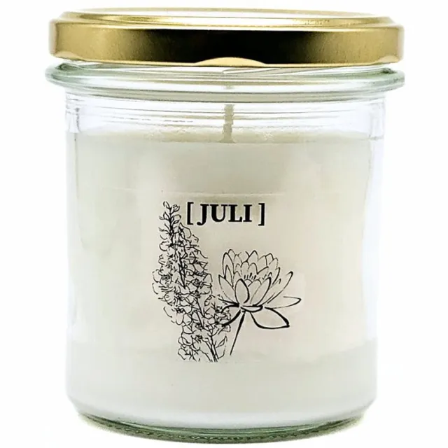 Candlelight-on geurkaars met geboortebloem en geboortedatum - 18 juli - o.b.v. sojawas en etherische oliën Wit