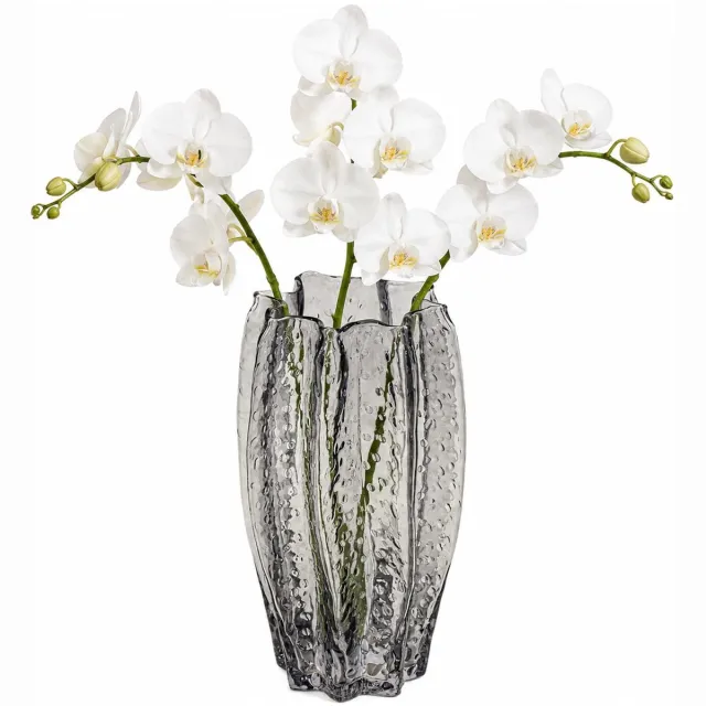Mega Collections Bloemenvaas Callas - bewerkt sier glas - D15 x H28 cm - transparant smoke grijs - boeket en stelen - Moderne stijl