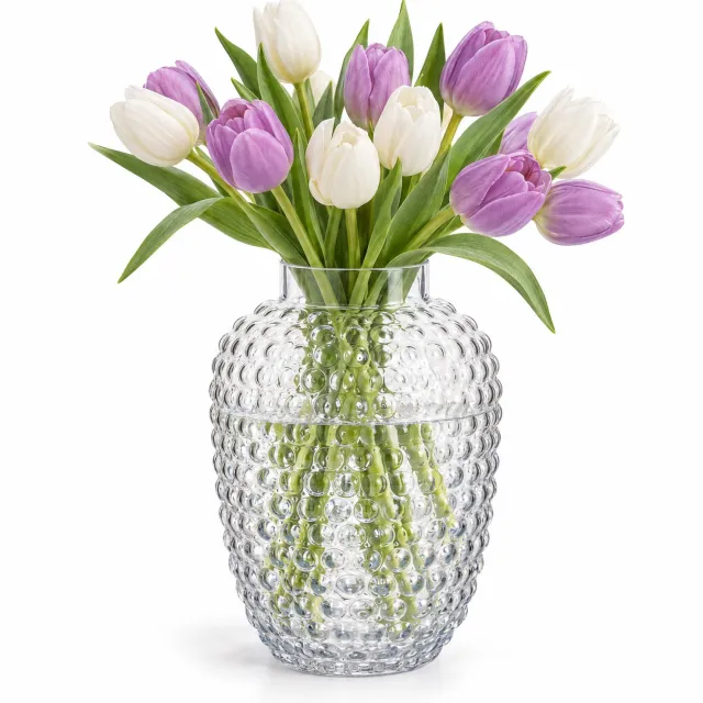 Cheqo Glazen Vaas met Bubbels Transparant - Bloemenvaas - Bolle Vaas voor Droogbloemen, Pampasgras en Kunstbloemen - Boeketvaas - Tafeldecoratie voor Eettafel en Salontafel - Woondecoratie - Woonaccessoires