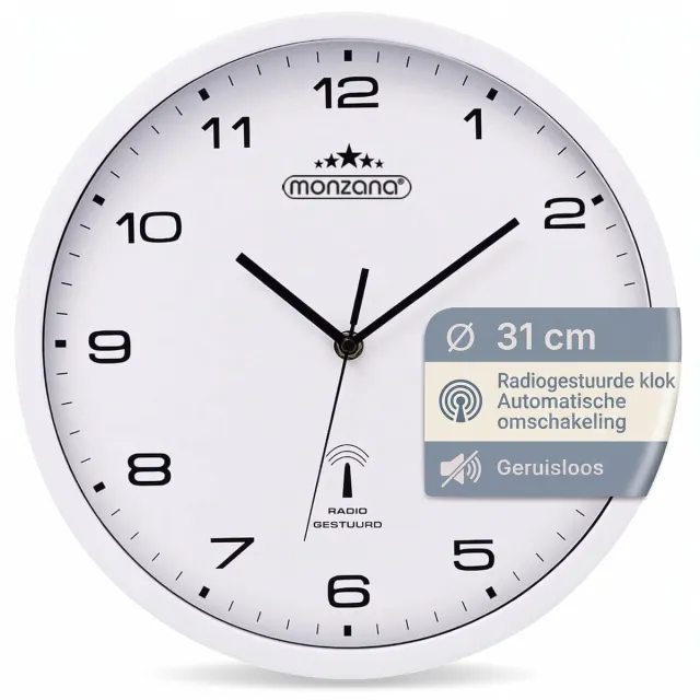 Monzana Deuba Wandklok - Radiogestuurd Automatisch Ø 31cm - Wit