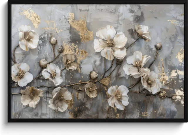 FrameYourWall Poster in lijst - Fotolijst 120x80 cm - Posters - Bloemen - Wit - Grijs - Goud - Luxe - Posterlijst zwart - Decoratie - Wanddecoratie woonkamer - Muurdecoratie slaapkamer