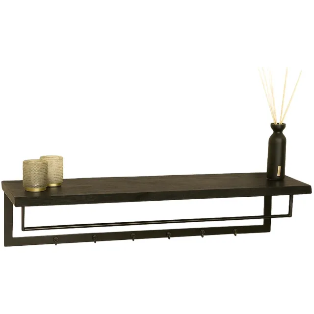 Lizzely Garden & Living Kapstok Dexter 100cm wandplank met 6 haken zwart wandkapstok mango hout muurdecoratie
