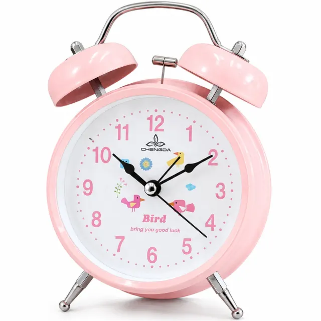 SWGOTA Roze metalen dubbelbelwekker, 4 inch, met stil uurwerk en nachtverlichting, analoge wijzerplaat met cijfers en vogelmotief