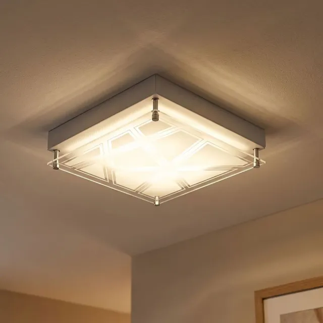 ESTO Plafondlamp Patroon woonkamerverlichting zilver in vierkant design, metaal acryl, 1x LED 1x 12 Watt 1200 lm neutraal wit, LxBxH 25x25x7,5 cm