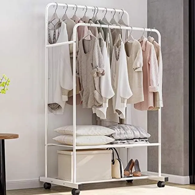 Unho Kledingrek - Metalen Kledingrek - Dubbele Hangende Rails - Met Wielen voor Slaapkamer - Draagbaar Kledingrek - Kleding Opbergrek, Draagbaar tot 40kg - Wit