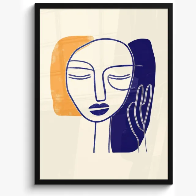 FrameYourWall Poster in lijst - Fotolijst 60x80 cm - Posters - Minimalistisch - Gezicht - Hand - Oranje - Blauw - Posterlijst zwart - Decoratie - Wanddecoratie woonkamer - Muurdecoratie slaapkamer Gezicht - Hand - Minimalistisch