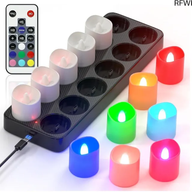 RFWR Oplaadbare RGB LED Kaarsen Set - 12 Stuks met Afstandsbediening voor Decoratie RGB (7 kleuren: wit, rood, groen, blauw, geel, cyaan, roze)