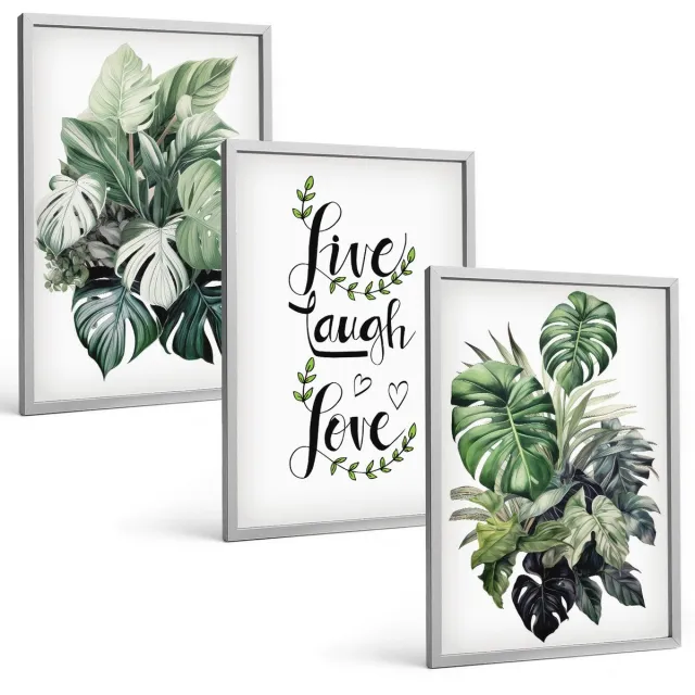 Coloray 3-Delige Schilderij Set - Bladrijke Planten Met De Woorden Leef, Lach, Houd Van - 40 x 60 cm - Decoratieve Muurdecoratie - Slaapkamer - Stijlvolle Muurdecoratie Zilveren lijst