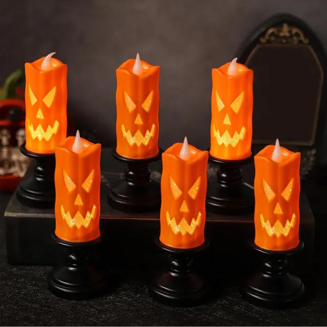 YAGXIG Halloween LED-kaarslicht-elektronische kaarslicht-pompoenlantaarn licht-vlamloze kaarslicht-pompoenlantaarn-led-lantaarn kaars-Halloween decoratie buiten binnen, tuin nacht-kaarshouder ornamenten-6 stuks Oranje