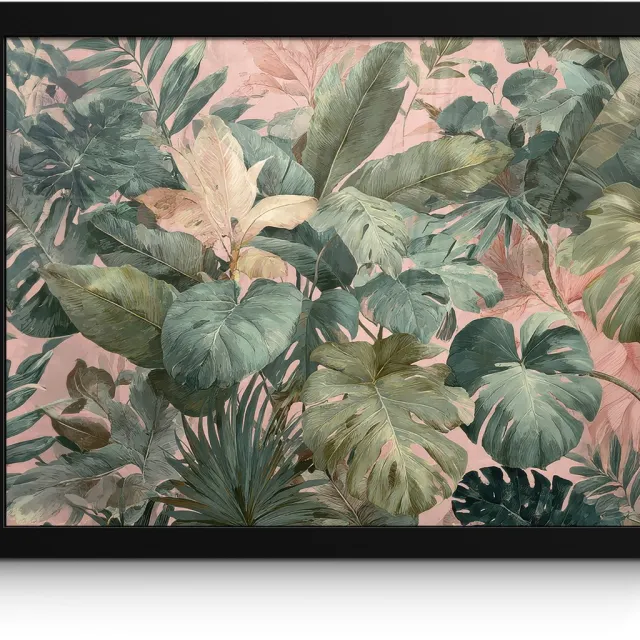 FrameYourWall Poster in lijst - Fotolijst 40x30 cm - Posters - Compositie van bladeren - Groen - Roze - Posterlijst zwart - Decoratie - Wanddecoratie woonkamer - Muurdecoratie slaapkamer Bladeren - Compositie