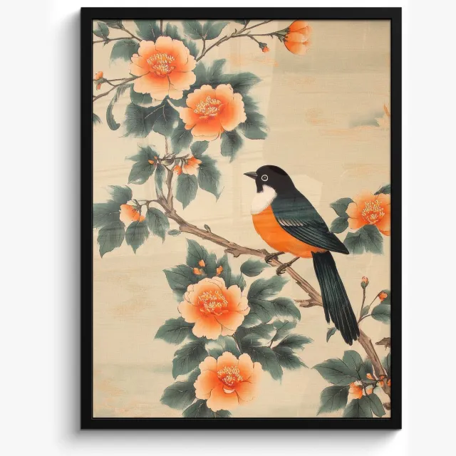 FrameYourWall Poster in lijst - Fotolijst 50x70 cm - Posters - Vogel - Tak - Bloemen - Oranje - Posterlijst zwart - Decoratie - Wanddecoratie woonkamer - Muurdecoratie slaapkamer