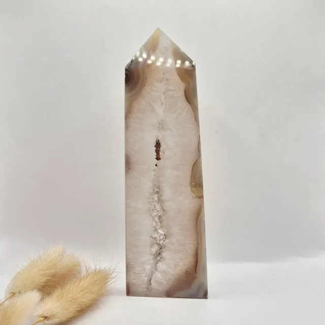 Moonlight Gemstones Grijze Agaat Toren met Druzy Opening 232g – Gepolijste Edelsteen Obelisk | Rust & Balans Meerkleurig