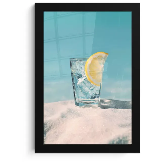 FrameYourWall Poster in lijst - Fotolijst 20x30 cm - Posters - Glas - ijsblokjes - Citroen - Posterlijst zwart - Decoratie - Wanddecoratie woonkamer - Muurdecoratie slaapkamer