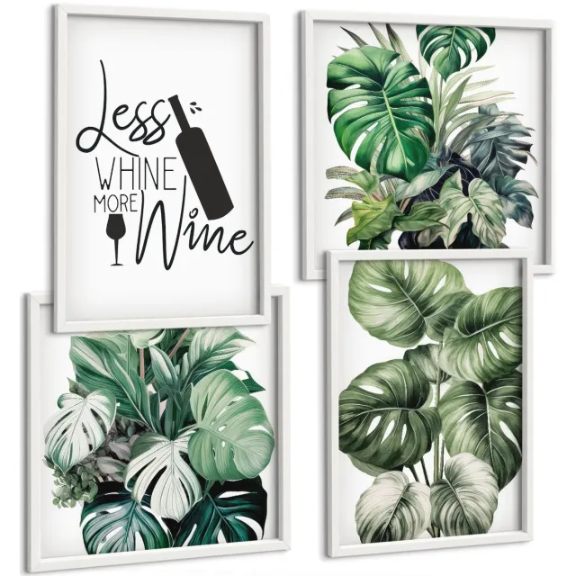 TULUP 4-Delige Schilderij Set - Groene plantenbladeren met het opschrift "wijn". - 40x40 en 40x60 - Stijlvolle Muurdecoratie - Kantoor - Interieur Decoratie Witte lijst