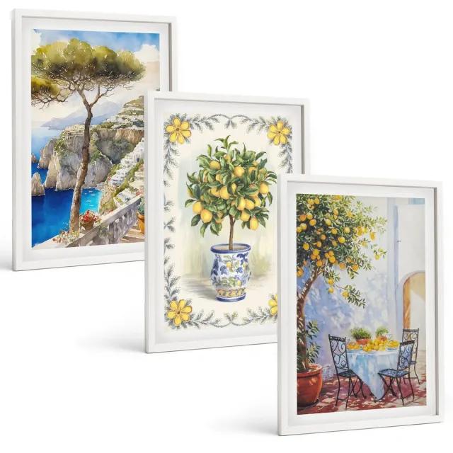 TULUP 3-Delige Schilderij Set - Uitzicht op zee met citroenbomen - 40x60 - Wanddecoratie - Schilderijen Set - Interieur - Muurdecoratie Witte lijst