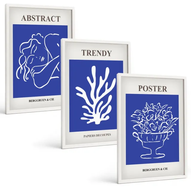 Coloray 3-Delige Schilderij Set - Stijlvolle Blauwe Posters Van Henri Matisse - 40 x 60 - Muurdecoratie - Decoratieve Schilderijen - Wohnzimmer - Wanddecoratie Witte lijst
