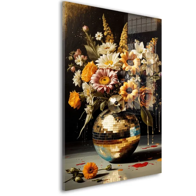 De Online Drukwinkel Glasschilderij Dansende bloemenpracht reflectie - 90 x 60 cm - Discobal - Bloemen en Planten - Acrylaat - Inclusief wandbevestiging - Foto op plexiglas - Wanddecoratie woonkamer – Modern – Modern Goud