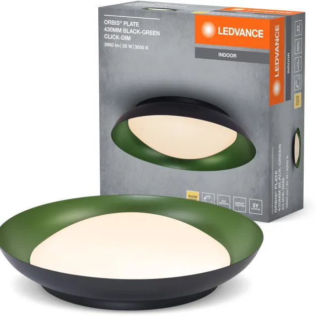 Ledvance Orbis Plate LED plafondlamp, zwart-groen, 35W, 1700lm, 3000K, 430mm, 830 vriendelijk warm wit, dimbaar in 3 niveaus door te trappen, IP20 bescherming, inclusief montageschroeven en pluggen Zwart|Groen
