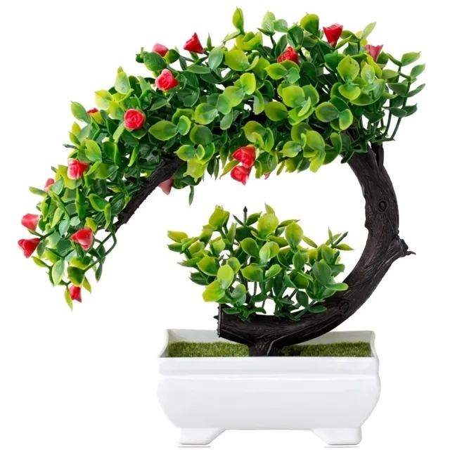NUVEX Rode kunstplant bonsai potboom kunstplanten realistische kunstmatige boom met bloemen in witte pot tafel decoratie voor woonkamer slaapkamer kantoor en bureau