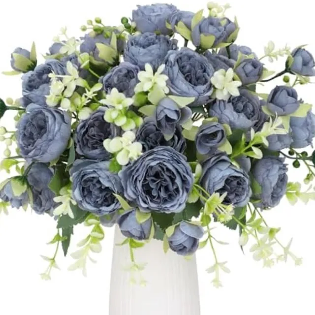 PromoHome 4 Bosjes Kunstpioenen Grijs Blauwe Zijden Bloemen Boeket - Kunstbloemen Decoratie voor Bruiloft, Feest, Tafel Centerpieces, Huis en Keuken