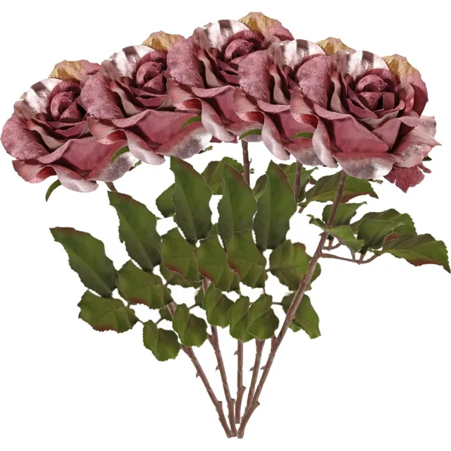 Top Art Kunstbloem roos Glamour - 5x - donker roze - satijn - 61 cm - kunststof steel - decoratie bloemen Donkerroze