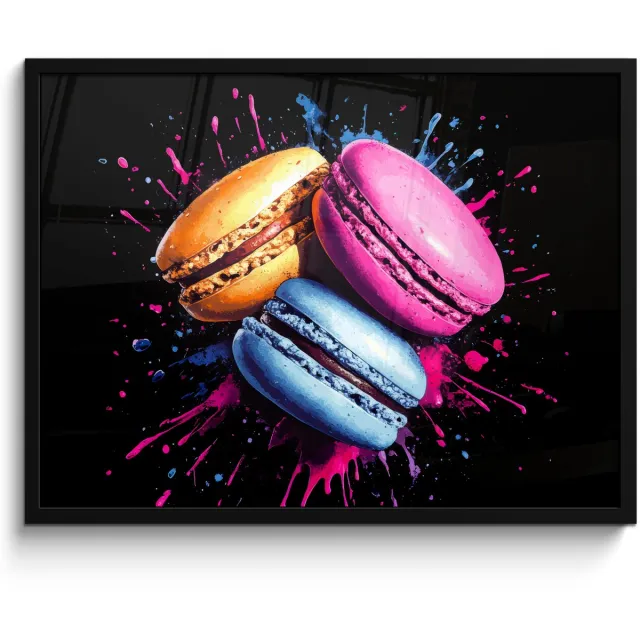 FrameYourWall Poster in lijst - Fotolijst 70x50 cm - Posters - Macarons - Dessert - Graffiti - Kleurrijk - Roze - Blauw - Geel - Posterlijst zwart - Decoratie - Wanddecoratie woonkamer - Muurdecoratie slaapkamer Graffiti - Macarons