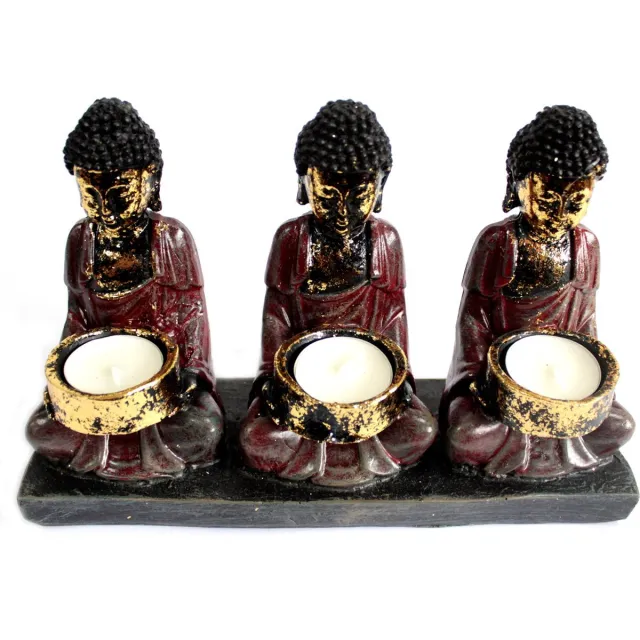 Ancient Wisdom Waxinelichthouder Antieke Boeddha - Kandelaar - Drie Toegewijde - 8x14.5x16cm Rood, Zwart, Goud
