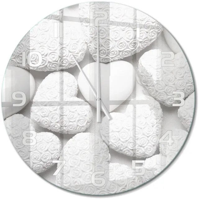 TULUP Wandklok - Witte achtergrond met hartjes Glazen Klok Met Print - fi60 cm - Wit Wandklok Glas Met Motief - Witte handen - Ronde Klok - Wandklok Glas Decoratie - Gekleurde Glazen Klok