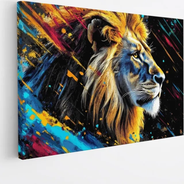Saammp Canvas Schilderij - Leeuw met verfspetters - Dieren - Natuur - 45x30 - Foto op canvas - Wanddecoratie - Muurdecoratie Woonkamer - Slaapkamer decoratie - Canvas Print Multicolor