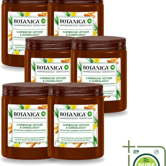 Air Wick 6 x Botanica by Air Wick - Geurkaars - Vetiver & Sandelhout - 40 Uur Brandduur - Grootverpakking - Vaatwasstrips - Geurkaars Vetiver Sandelhout - Vetiver Geur - Sandelhout Geur - Geurkaars 40 Uur - Botanica Geurkaars Bruin