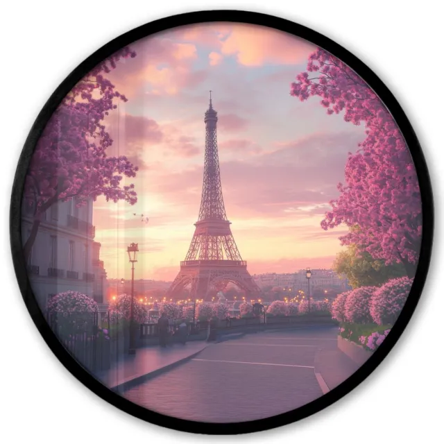 FrameYourWall Poster in lijst Rond - Fotolijst 40x40 cm - Posters - Eiffeltoren - Parijs - Roze - Ronde posterlijst zwart - Decoratie - Wanddecoratie woonkamer - Muurdecoratie slaapkamer