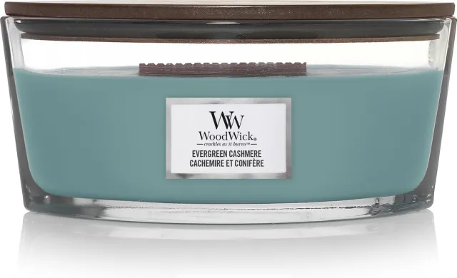 Woodwick Heartwick Flame Ellipse Geurkaars - Evergreen Cashmere - 50 branduren Blauw
