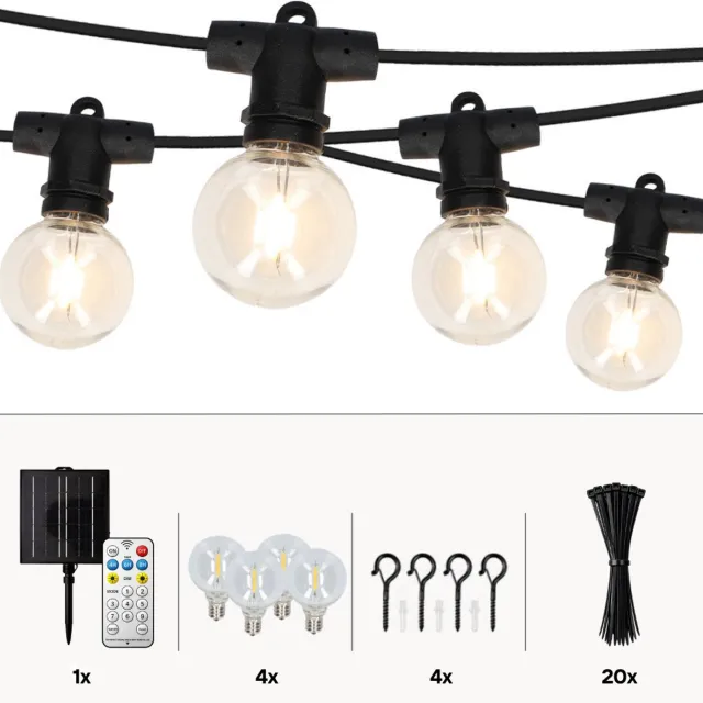 Latium G40 Solar Lichtsnoer Buiten – IP65 – Prikkabel 10m – Inclusief Afstandsbediening – 20 LED – Lichtslinger – Sfeerverlichting Buiten en Binnen – Warm Wit 2700K – 4 Extra LED’s