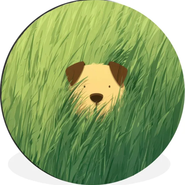WallCircle Wandcirkel - Muurcirkel - Hondje - Gras - Oren - Bruin - Aluminium - Dibond - 90x90 cm - Binnen en Buiten