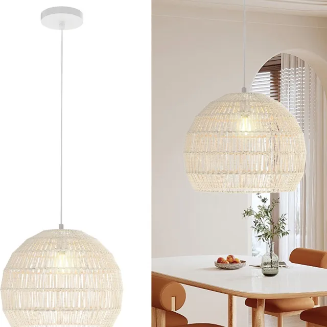 Costway gevlochten hanglamp, boho plafondlamp met verstelbare ophanghoogte, boerderijhanglamp met E27-basis (lichtbron niet inbegrepen) voor keuken, slaapkamer, 43 x 34 cm (beige) [Energieklasse B]