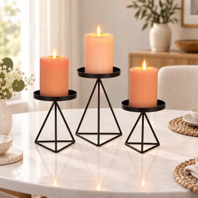 R H R&H® Set van 3 Zwarte Metalen Draad Kandelaars - Geometrische Vintage Kandelaar voor Pijlerkaarsen - Modern Minimalistisch Design voor Tafel, Dressoir en Openhaard