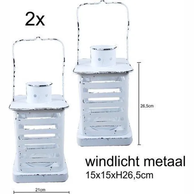 PH design Lantaarn metaal vierkant - windlicht met glas 15x15xH26.5cm wit - 2 stuks - tuin lantaarn - tafellantaarn wit - old white