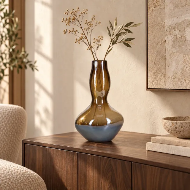 Fameilleur Glazen Vaas Metallic Grijs Ø 19,5 x H 32,5 cm – Organische Designvaas van Glas – Grijs Bruine Bloemenvaas met Glanzende Afwerking – Moderne Decoratieve Vaas, Takkenvaas en Woondecoratie voor Woonkamer- hoge glazen vaas, designvaas glas