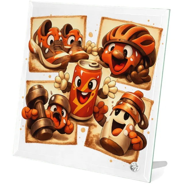 Mr Cadeautjes Glasframe 20 x 20 - design Een collage van sportieve gereedschappen die uitgeput en vro | cadeau Wit