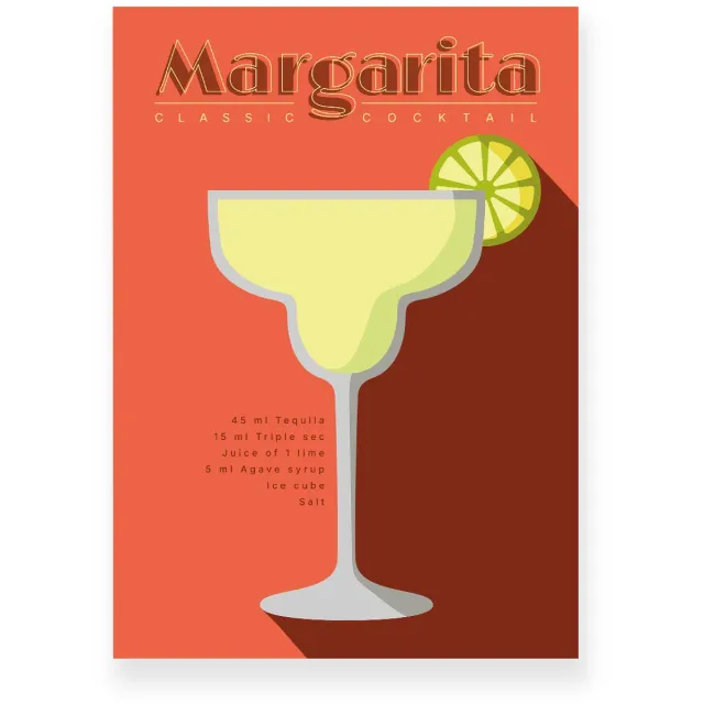 Yisual Aluminium plaat 20x30 cm - Poster - Margarita - Cocktail Recept - Geel - Oranje - Retro - Art deco - Muurdecoratie - Wanddecoratie